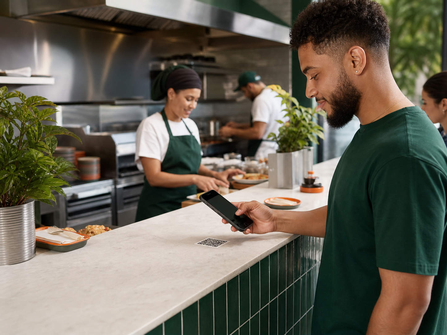 Cliente usando o cardápio digital Novo Delivery em um balcão de restaurante