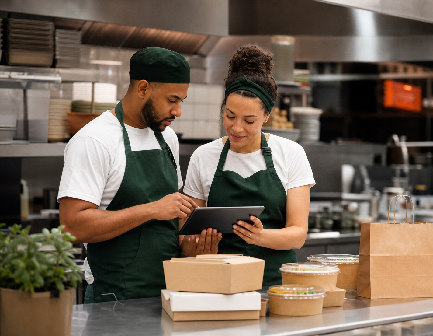 Equipe de cozinha conferindo pedidos digitais